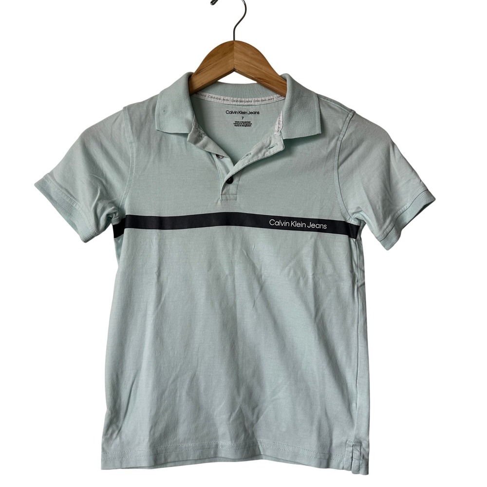 Calvin Klein Jeans Boys Mint Green Logo Stripe Short Sleeve Polo Shirt Size 7